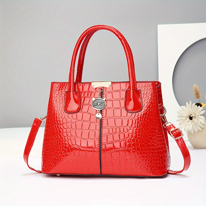 Women's Handbag Crocodile Pattern Large Capacity PU Shoulder Bag for Middle-Aged Mothers