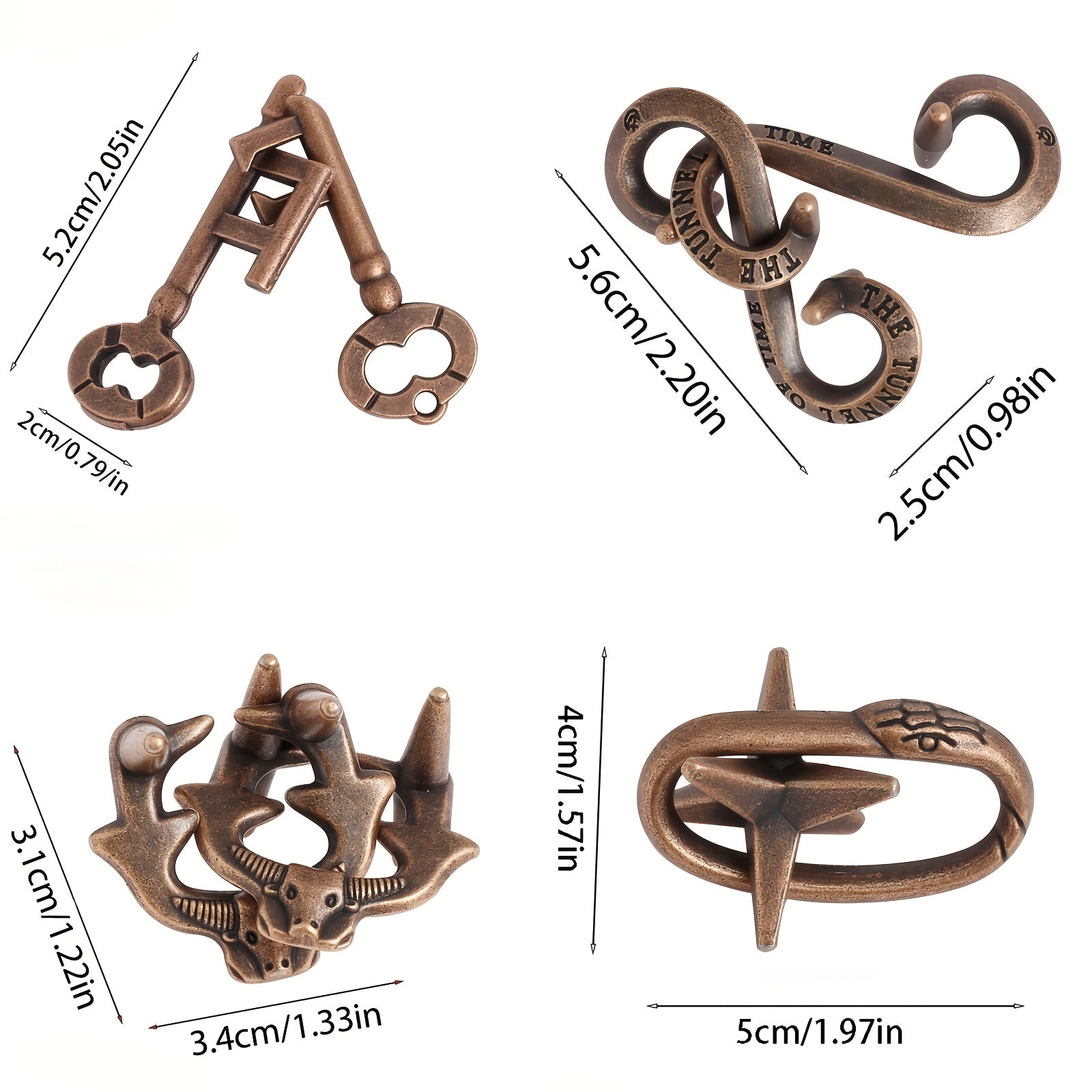 Metal Brain Teaser Puzzle Set for Adults Bronze Portable Logic and Problem Solving