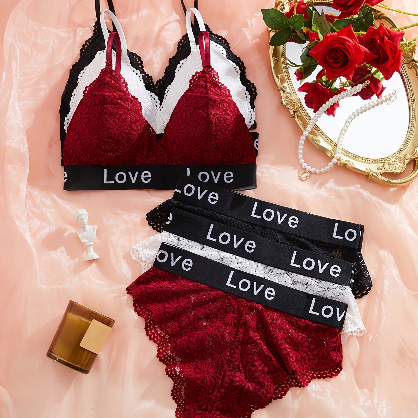 3 ta ichki kiyim to'plami: qarama-qarshi dantelli brassu va ichki kiyim, qirralari to'g'ri brassu va yozuvli ichki kiyim, ayollar uchun ichki kiyim