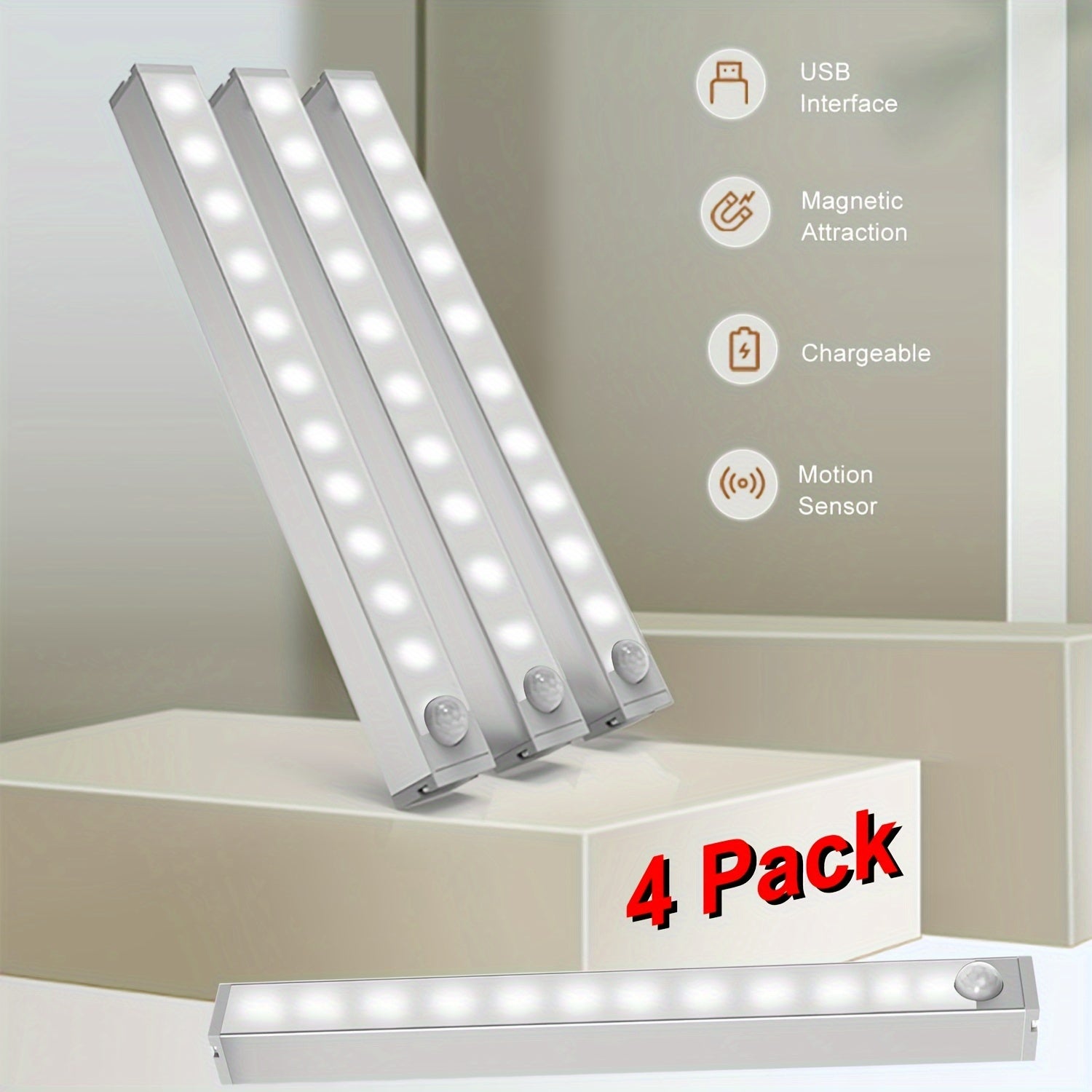 Pack de 4 luces inalámbricas para debajo de los armarios con sensor de movimiento, recargables por USB, LED para cocina, dormitorio y guardería