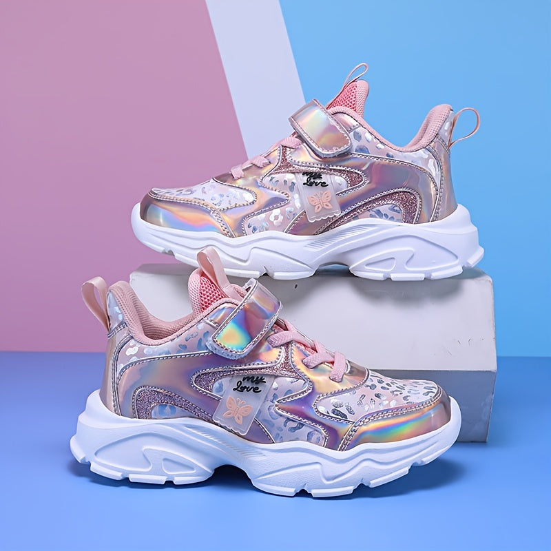 Girls' Casual Sports Shoes for Kids Lightweight Canvas Sneakers with Glitter and Cartoon Pattern