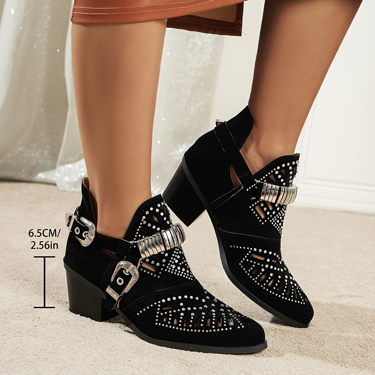 Women’s Rhinestone Embellished Ankle Boots with Geometric Pattern and Block Heel