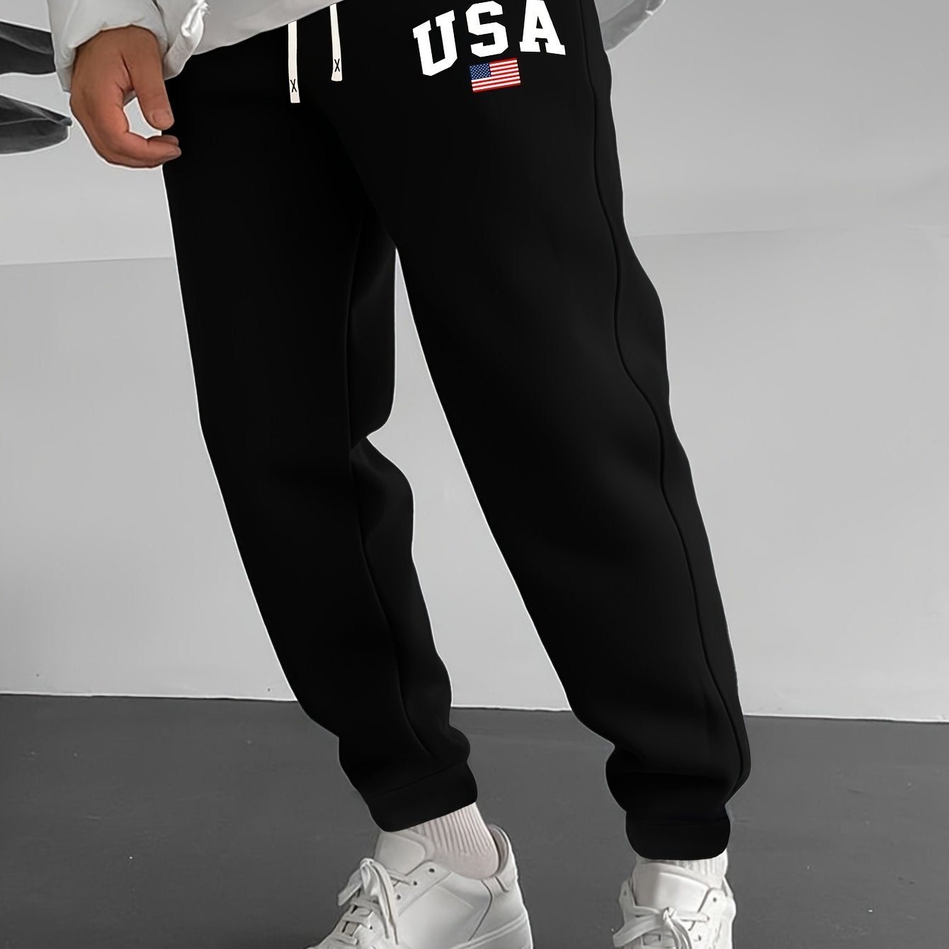 Men's Casual Knit Sweatpants with USA Flag Print Elastic Waist Drawstring for Outdoor Activities