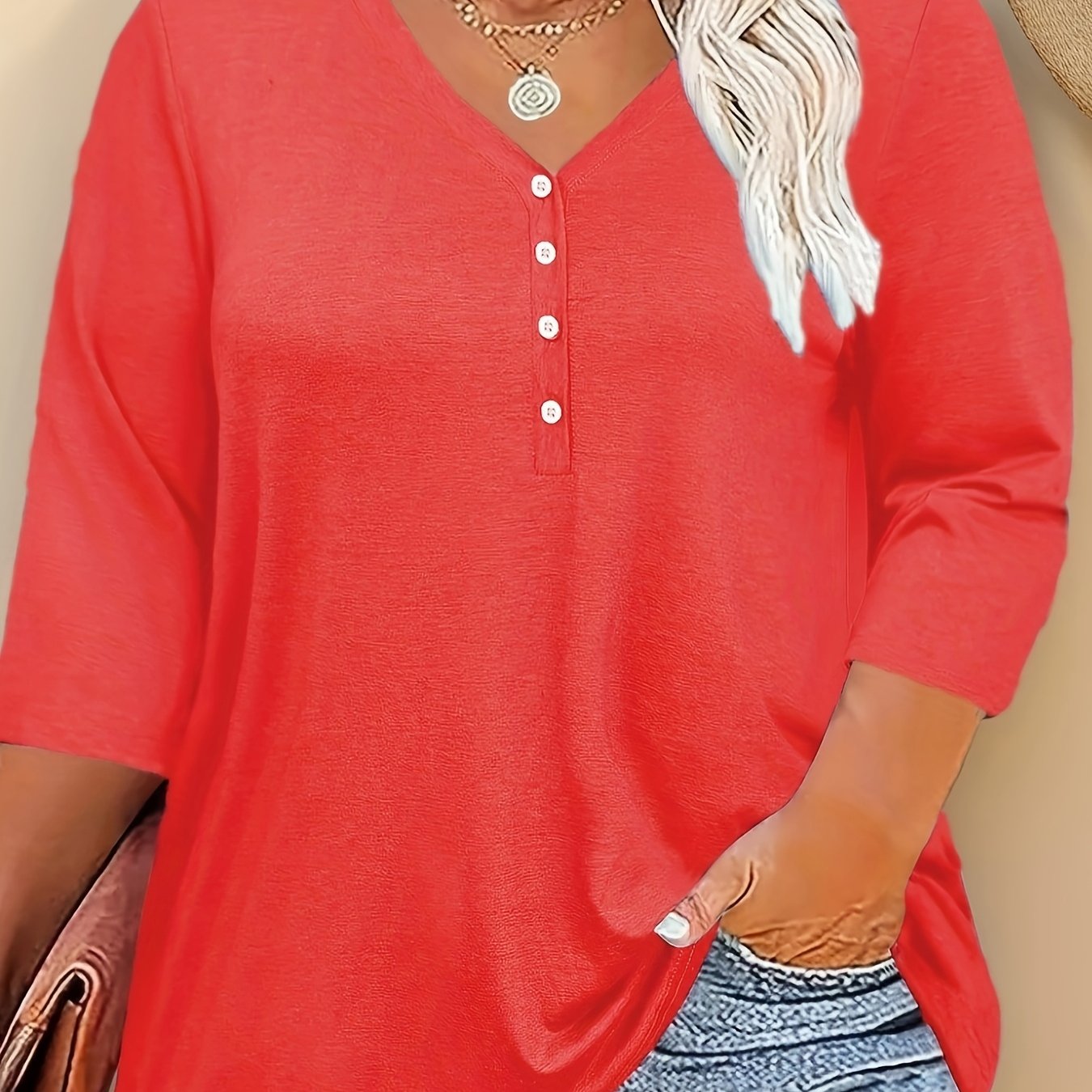 Women's V-Neck T-Shirt with Buttons Solid Color Polyester Spandex Pullover