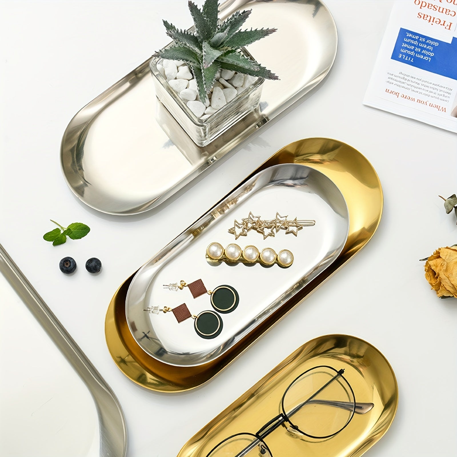 Bandeja de baño de acero inoxidable para joyas, cosméticos y organizador de objetos pequeños