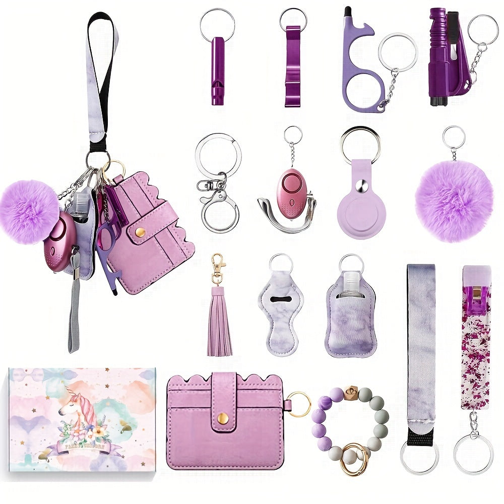 Women's 17-Piece Safety Keychain Set with Personal Alarm and Card Holder