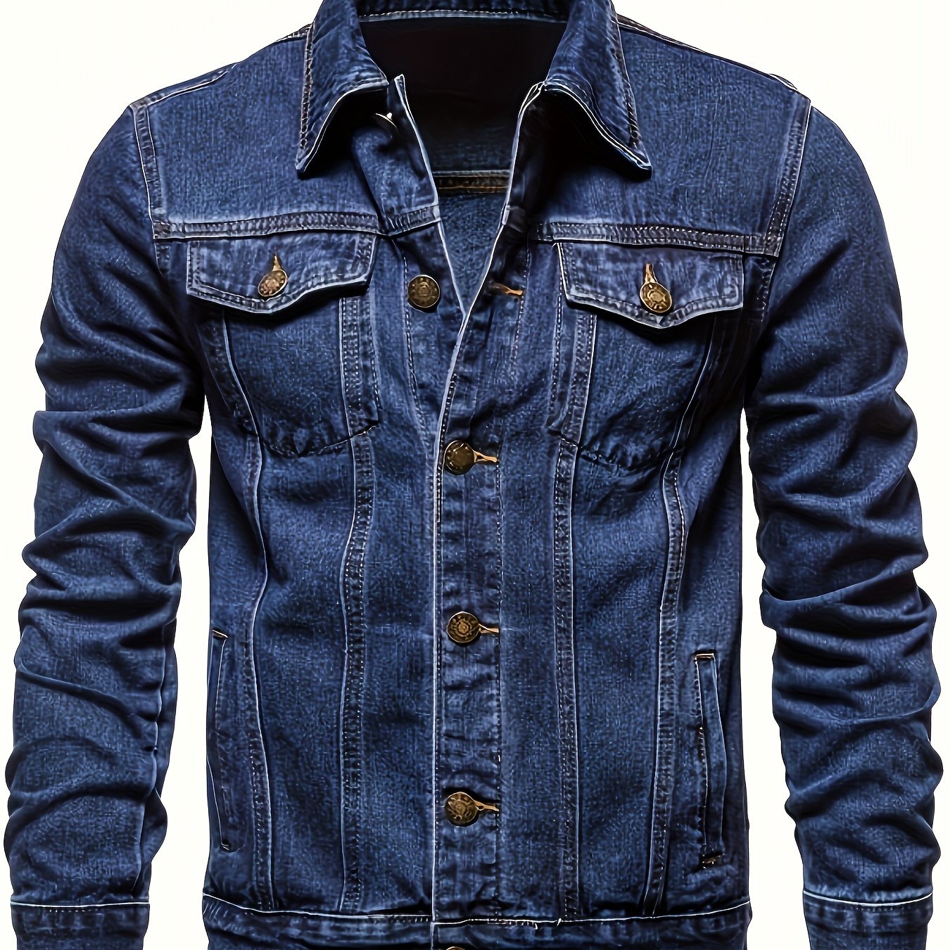 Men's Denim Jacket Long Sleeve Solid Color Woven Workwear with Lapel Pockets