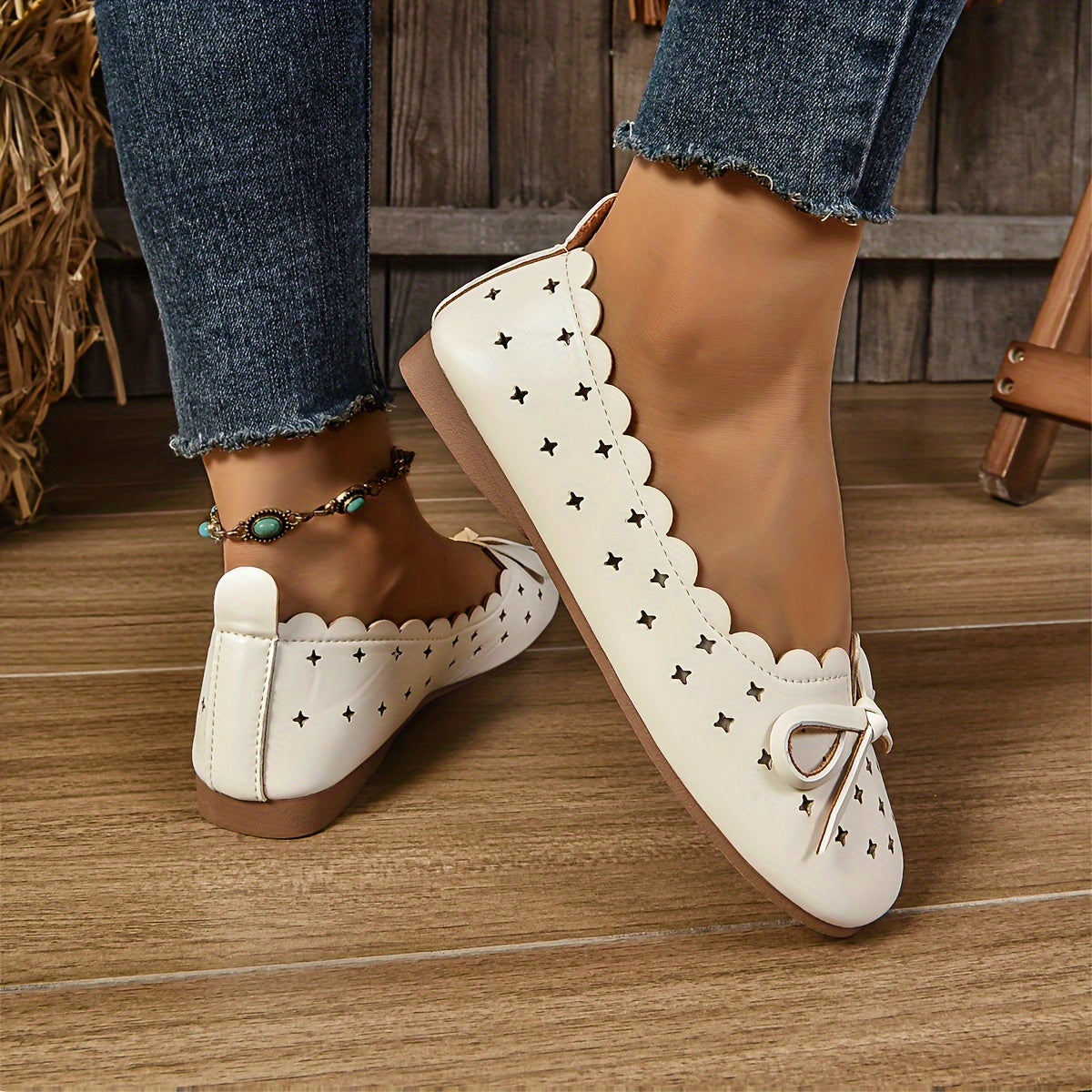 Women's All-Season Ballet Flats Breathable Slip-On Shoes with Bow Accents