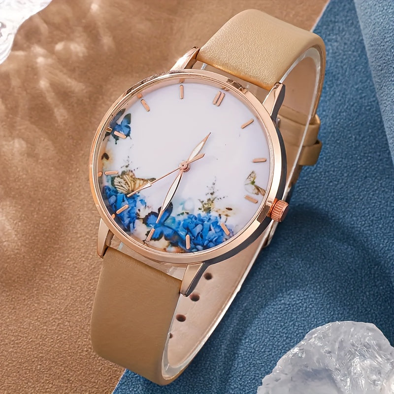 Set of 5 Blue Quartz Watches with Leather Strap Zinc Alloy Dial and Butterfly Jewelry