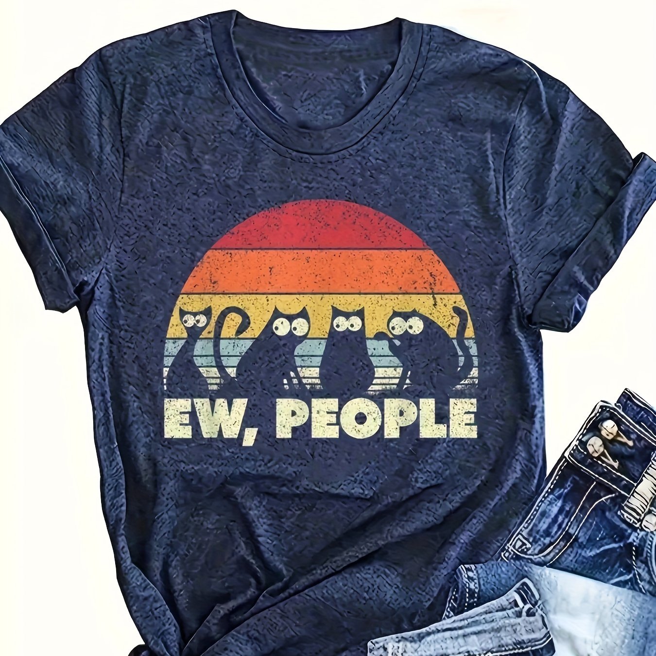 Women's Plus Size Cotton Cartoon Cat Print T-Shirt Short Sleeve Casual Top