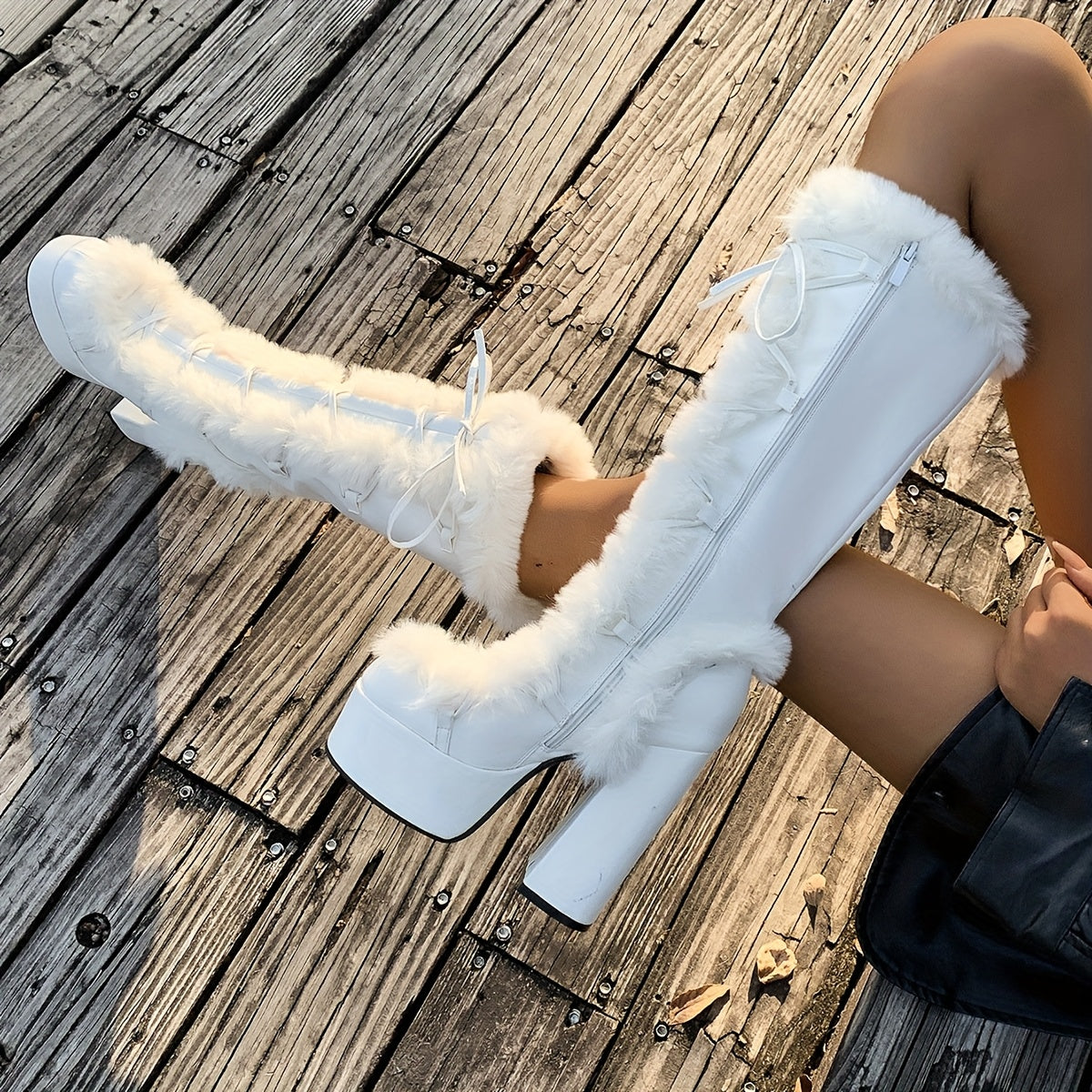 Женские ботинки из искусственного меха до середины икры однотонные с блоковым каблуком и молнией, зимняя обувь