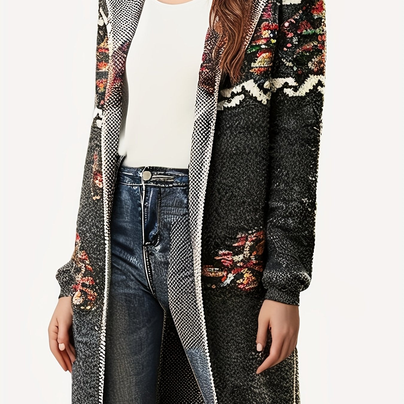 Plus Size Women's Open Front Cardigan Long Sleeve Geometric Pattern Polyester Outerwear