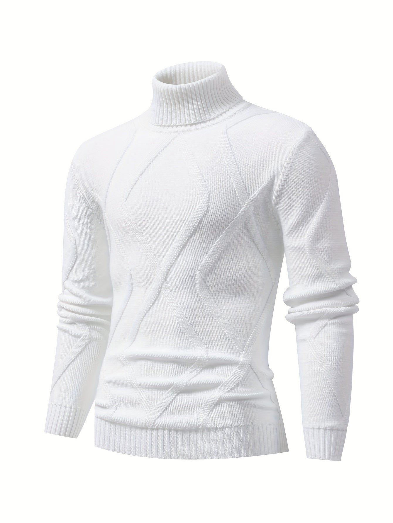 Men's Knit Turtleneck Sweater with Geometric Pattern and High Stretch Fabric