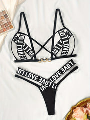 Sexy Lingerie Set with Cross Band Ring Decoration Bra and Low Waist Thong for Mature Women