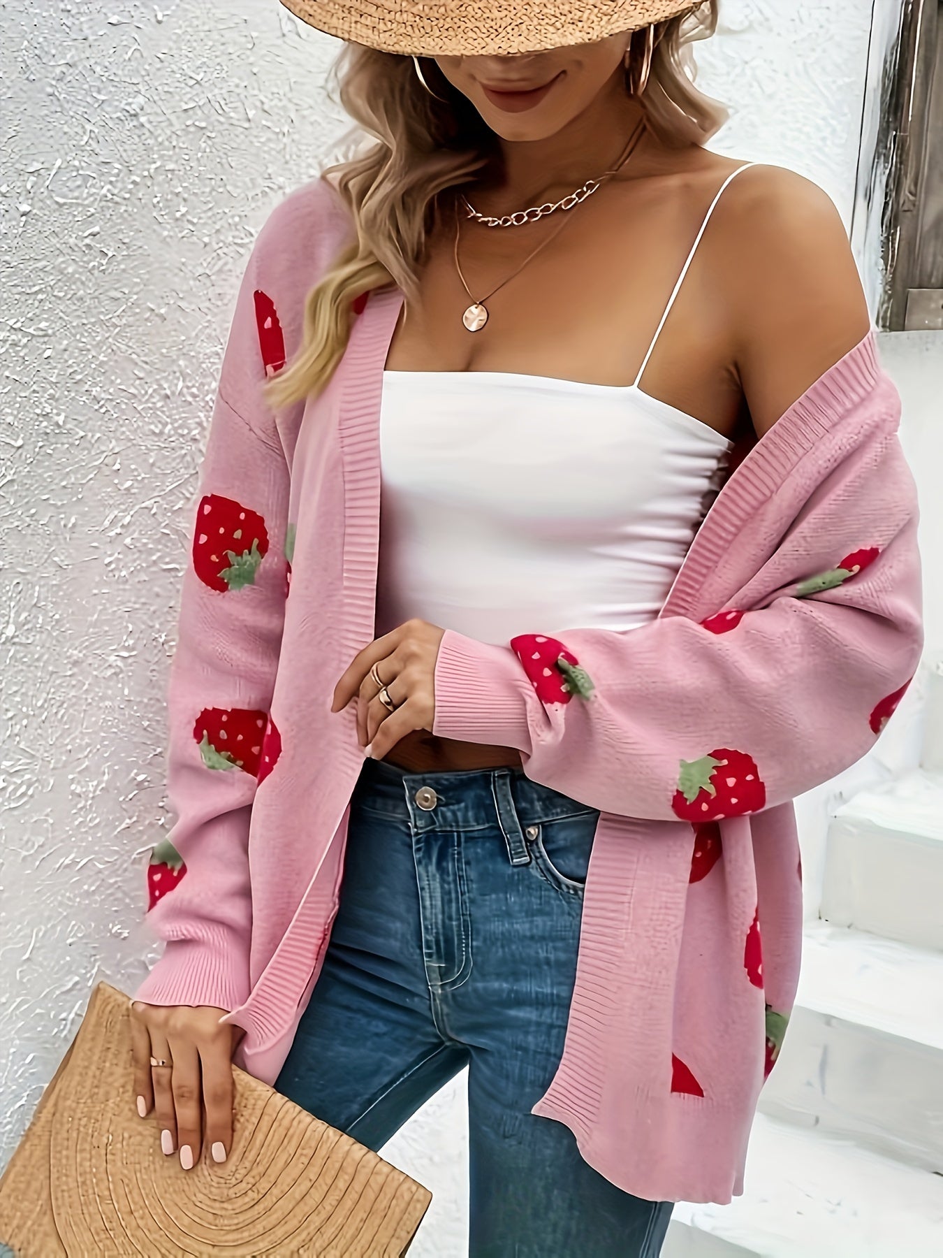 Women’s Long Sleeve Cardigan with Strawberry Prints Oversized Sweater