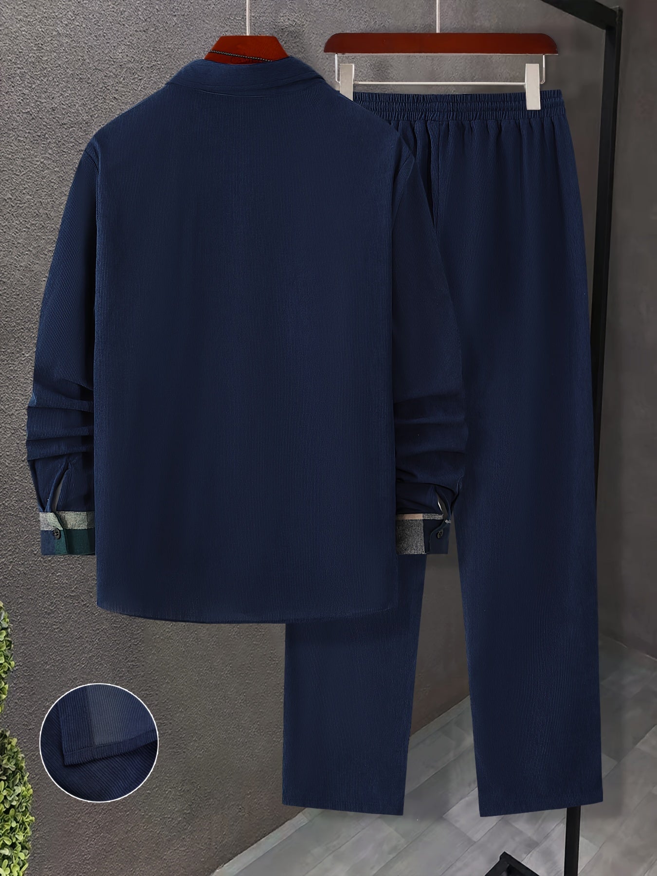 Men's Casual 2-Piece Outfit Plaid Button-Up Shirt and Drawstring Pants Polyester