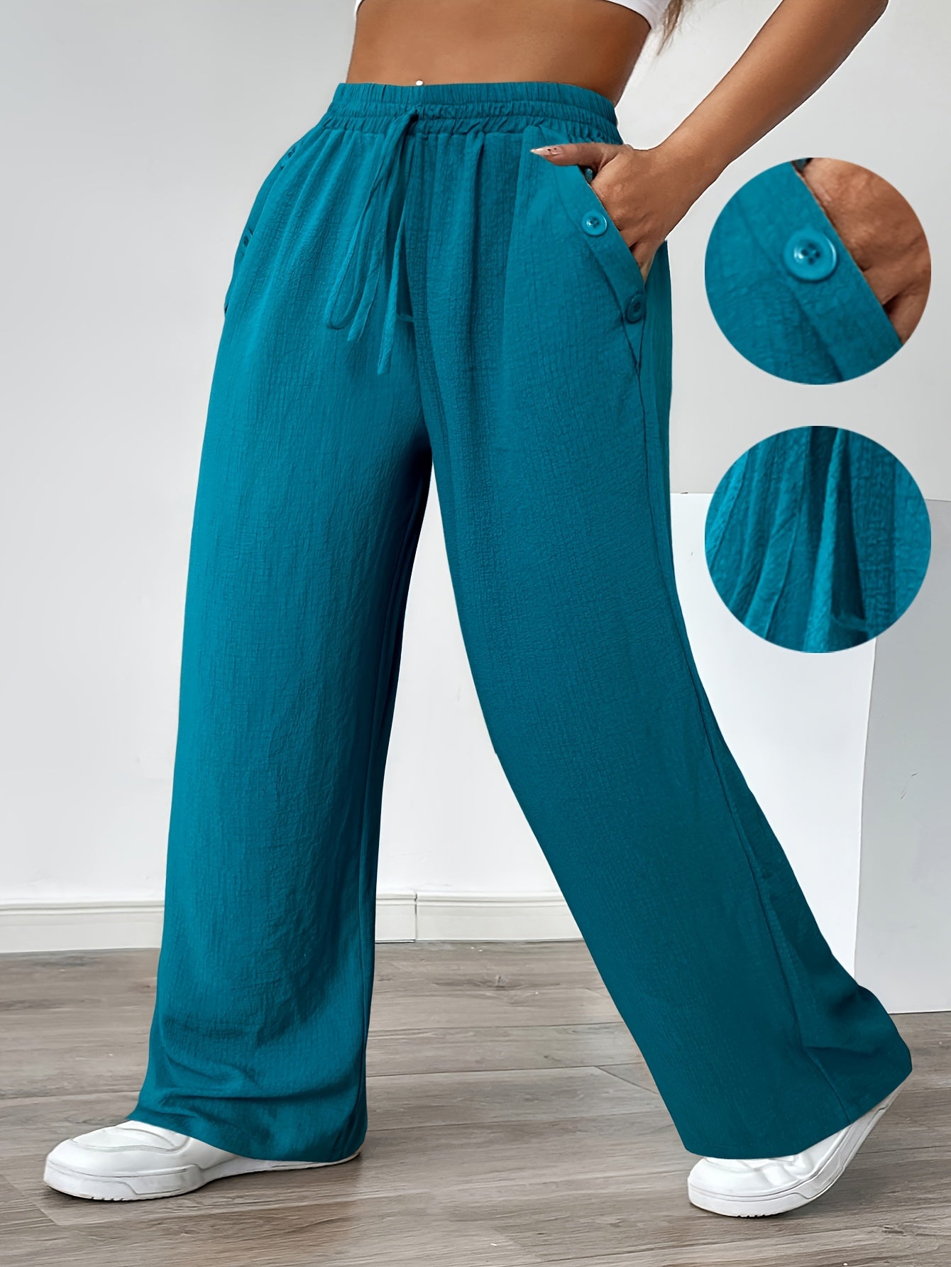 Women's Plus Size Casual Straight Pants with Lace-Up Detail, Solid Color