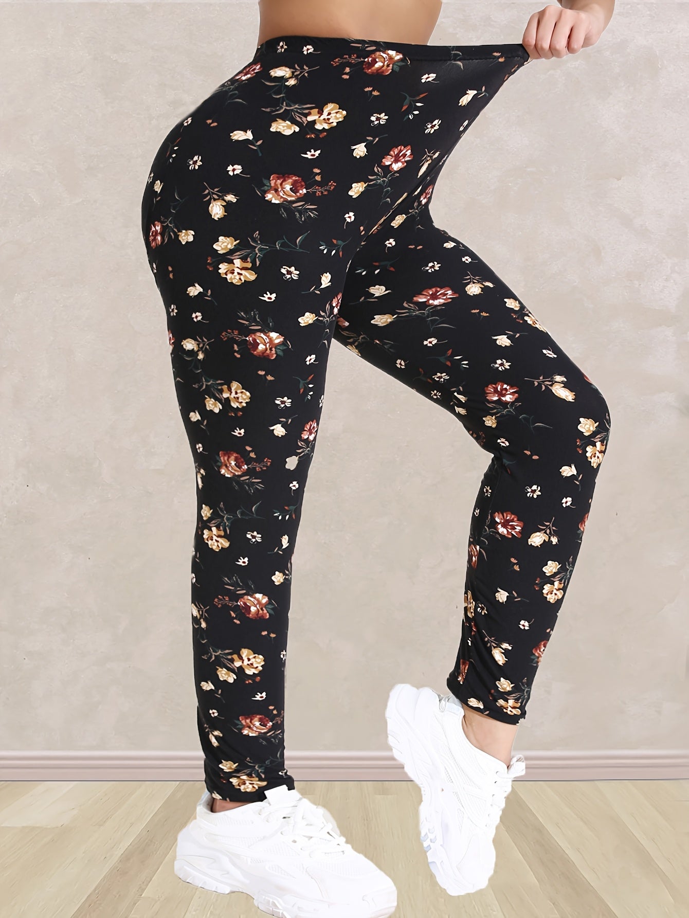 Plus Size Women's Floral Print High-Waisted Yoga Leggings | 7/8 Length Compression Pants