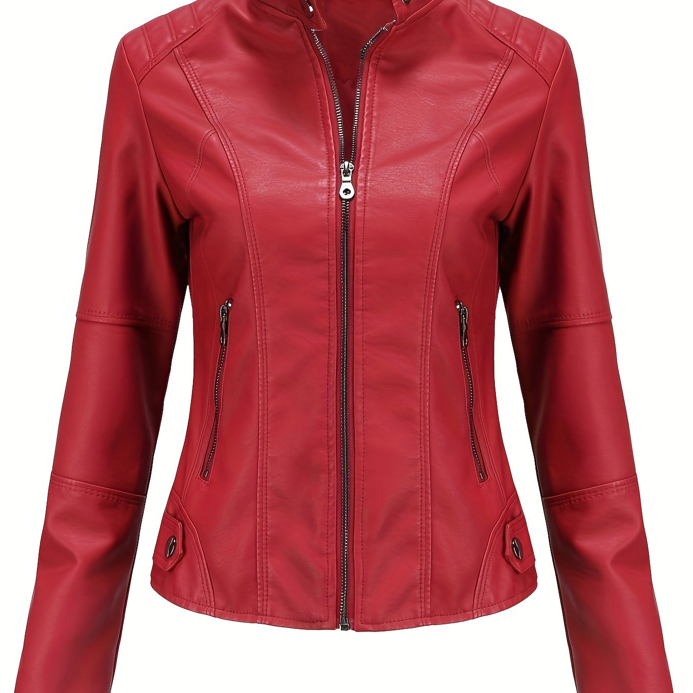 Women's Beige Biker Style Jacket for Spring Fall Zipper Stand Collar Pockets