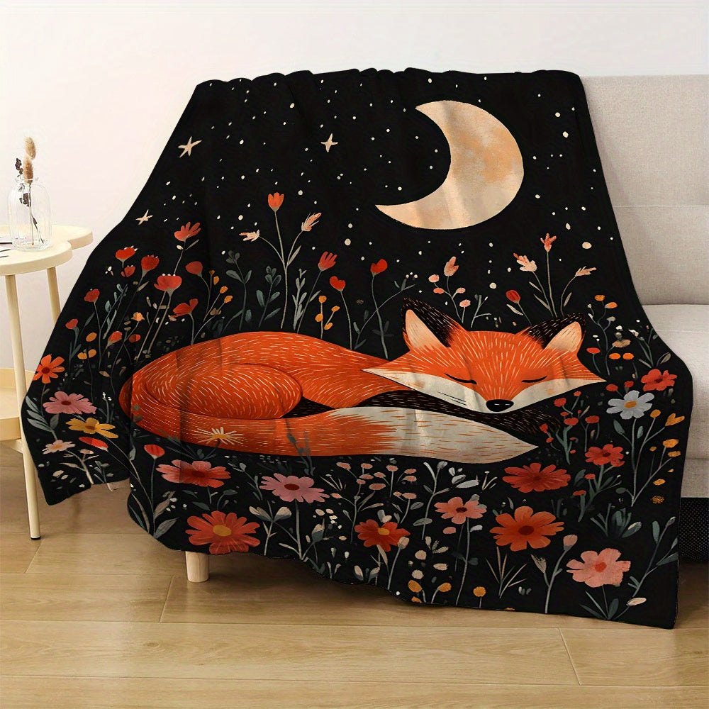 Contemporary Flannel Fleece Throw Blanket with Fox and Floral Print All-Season Warmth
