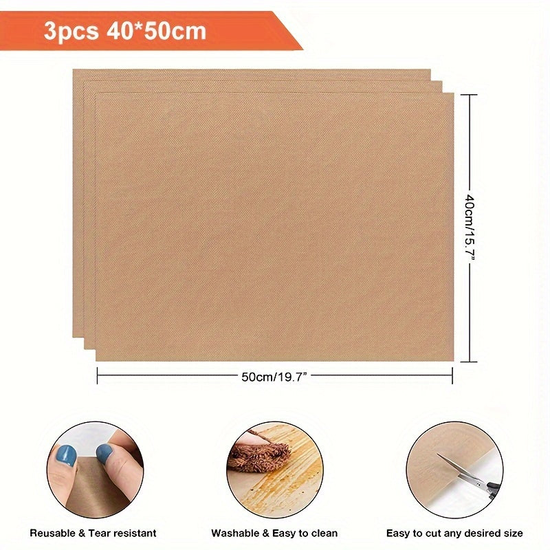 Set of 3 PTFE Non-Stick Heat Transfer and Cooking Mats for Grilling and Ironing