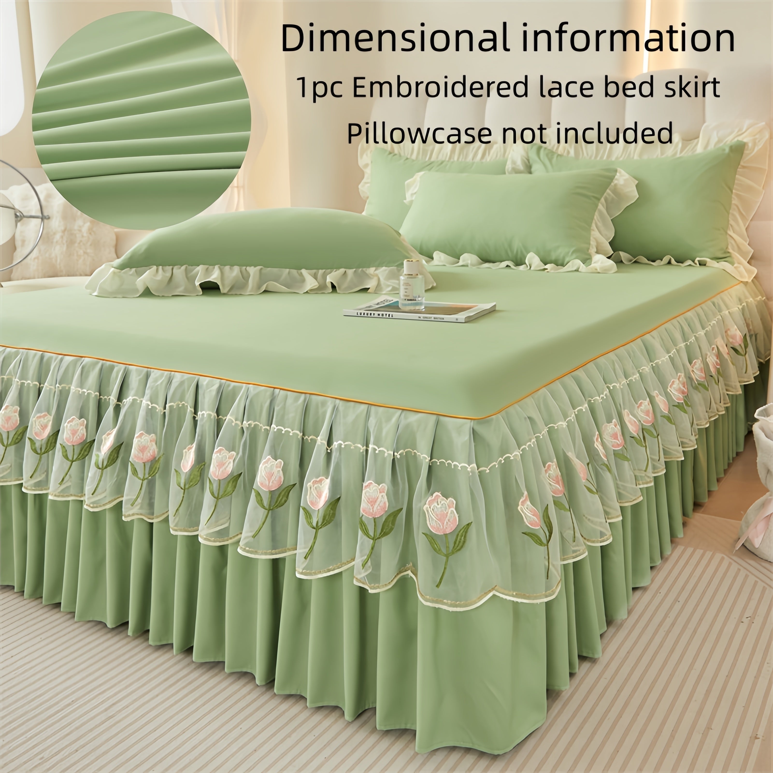Luxury Bed Skirt with Lace Trim and Rose Embroidery Machine Washable Soft Polyester Non-Slip Ribbon Fixation