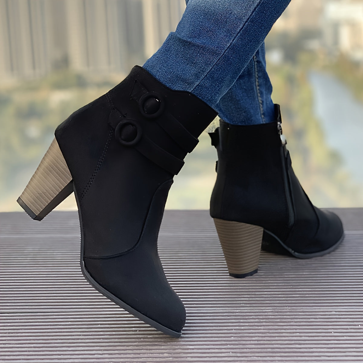 Women Red Ankle Boots with Chunky Heel Zipper Pointed Toe