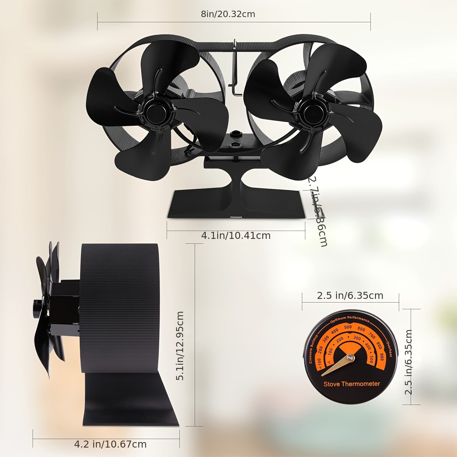 Wood Stove Heater Set with 8 Fans, Magnetic Thermometer, Dual Motor, Non-Electric Fireplace Fan