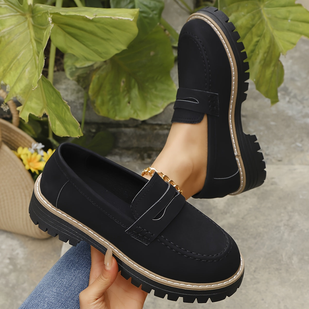 Women Vintage Penny Loafers Faux Leather Casual Slip-On Round Toe Durable EVA Sole