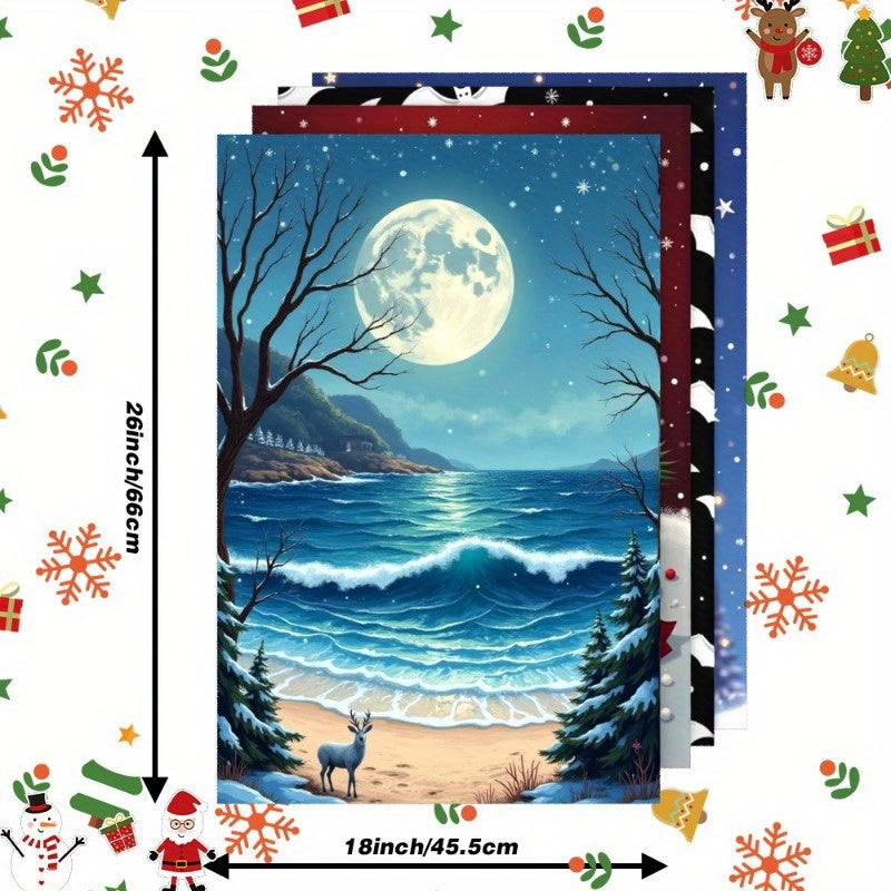 To'rt dona yumshoq polyester oshxona sochiqlari, har biri 45.72x66.04 sm o'lchamda. Zamonaviy fantastik Santa Klaus dizayni bilan, bayram oshxona bezaklari uchun mukammal. Ushbu sochiqlar mashinada yuvilishi mumkin va mustahkamlik uchun to'qilgan.