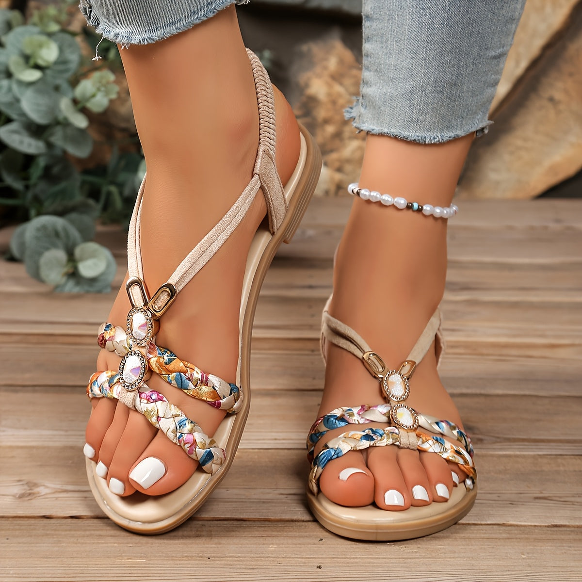 Women's Bohemian Handwoven Flat Sandals Open-Toe Slip-On Beach Shoes