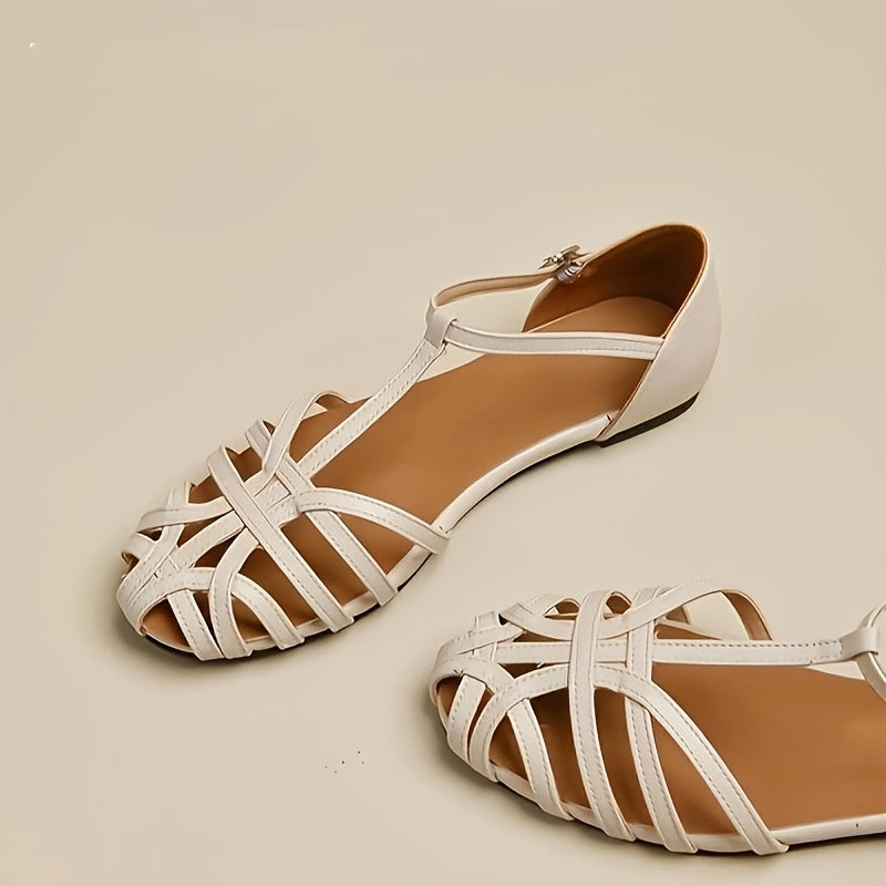 Women’s Beige Synthetic Roman Sandals with Flat Heel and Crisscross Straps