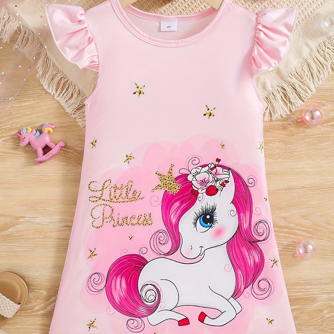 Girls' Polyester Unicorn Dress with Flutter Trim for Spring and Summer