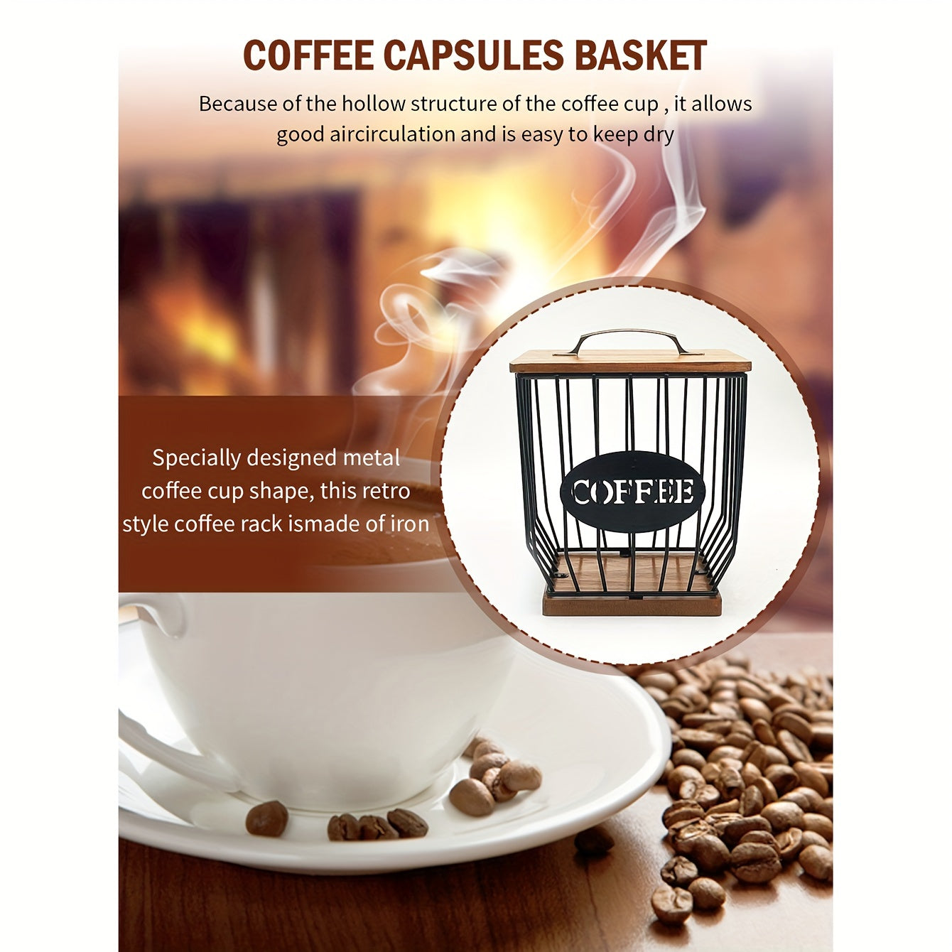 Black Wire and Wood Coffee Pod Holder with Lid for K-Cups and Tea Bags