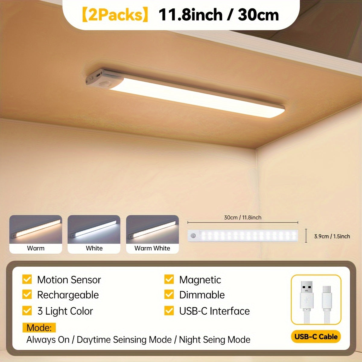 LED Cabinet Light with Infrared Sensor USB Rechargeable Metal Construction