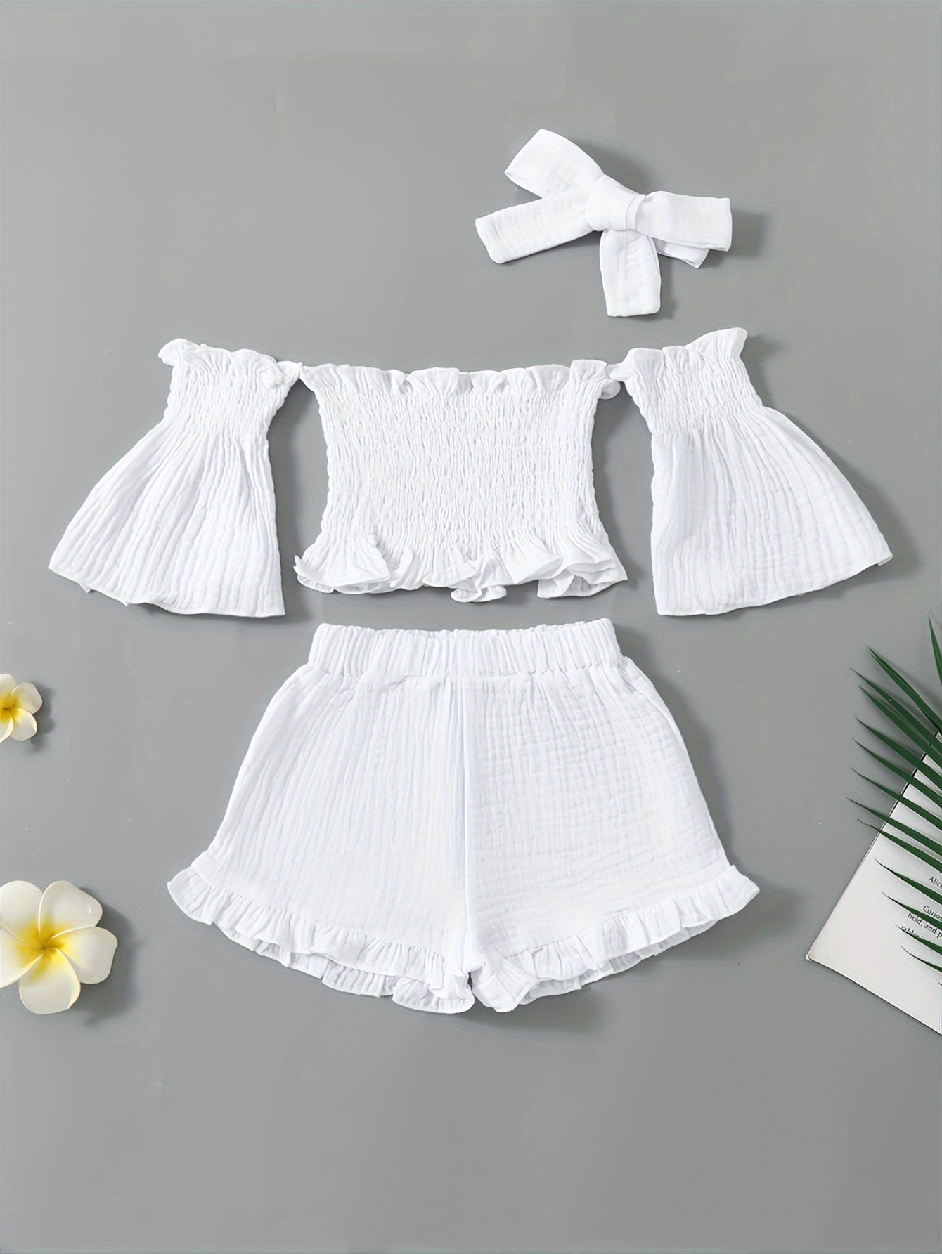 Girls Summer Outfit Set Off-Shoulder Top Denim Shorts Headband Cotton Casual Age 12 and Under