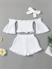 Girls Summer Outfit Set Off-Shoulder Top Denim Shorts Headband Cotton Casual Age 12 and Under