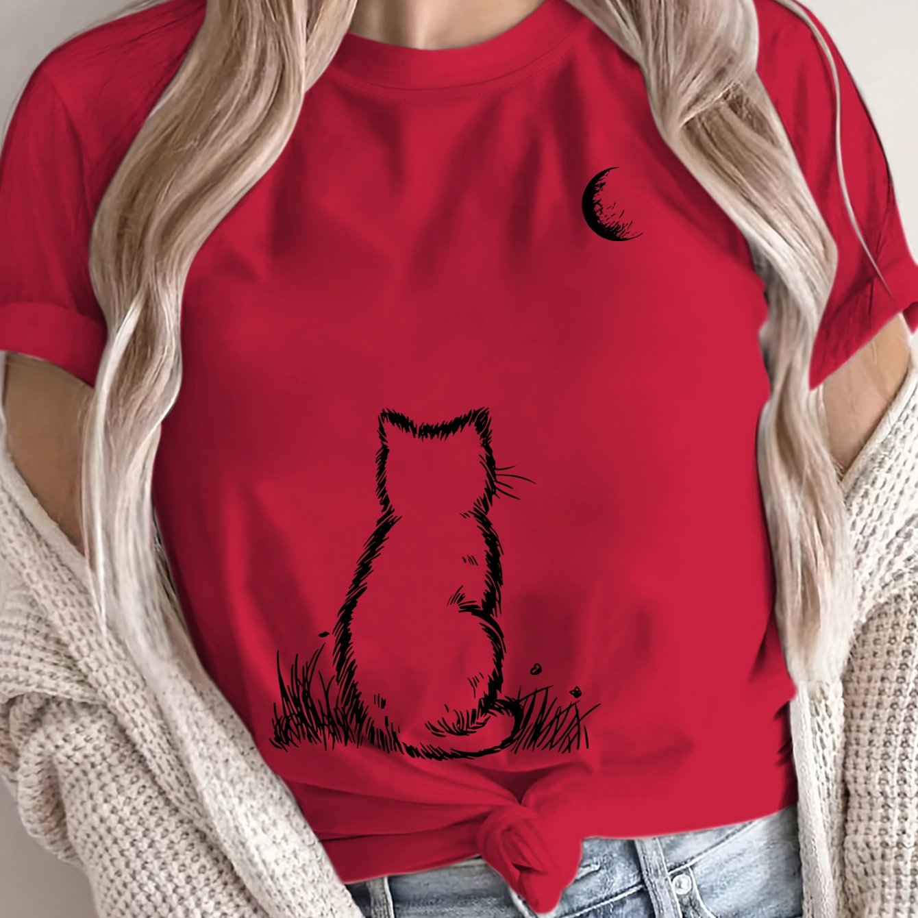 Women's Plus Size Loose Fit T Shirt Pink Geometric Cat Moon Print Casual Top