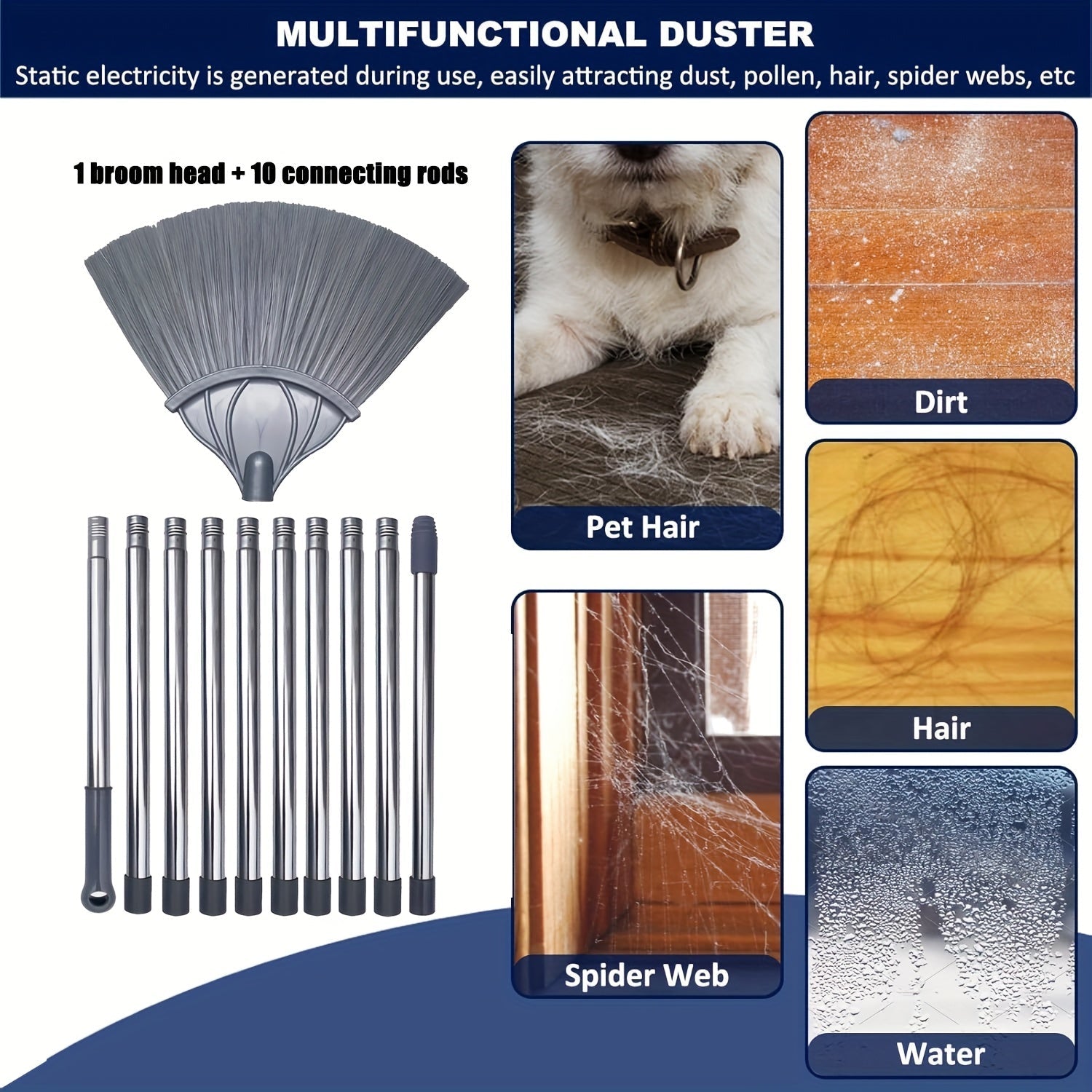 2 ta uzaytiriladigan baland shiftlar uchun chang tozalagichlar to'plami, 10 ta ustun bilan - baland shiftlar, jaluzilar va to'rg'ay to'rlarini quvvatga ehtiyoj sezmasdan oson tozalash uchun ideal.