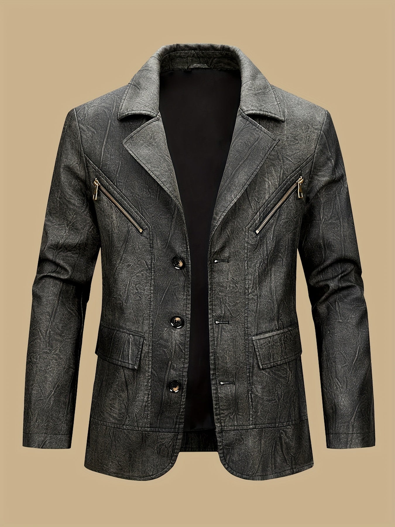 Erkaklar uchun notched yaka, 3 tugma, retro mototsikl imitatsiya sun'iy charm kostyumlar, sun'iy charm kurtkalar, biznes tasodifiy eskirgan katta yaka kostyum kurtkalari, erkaklar partiyasi