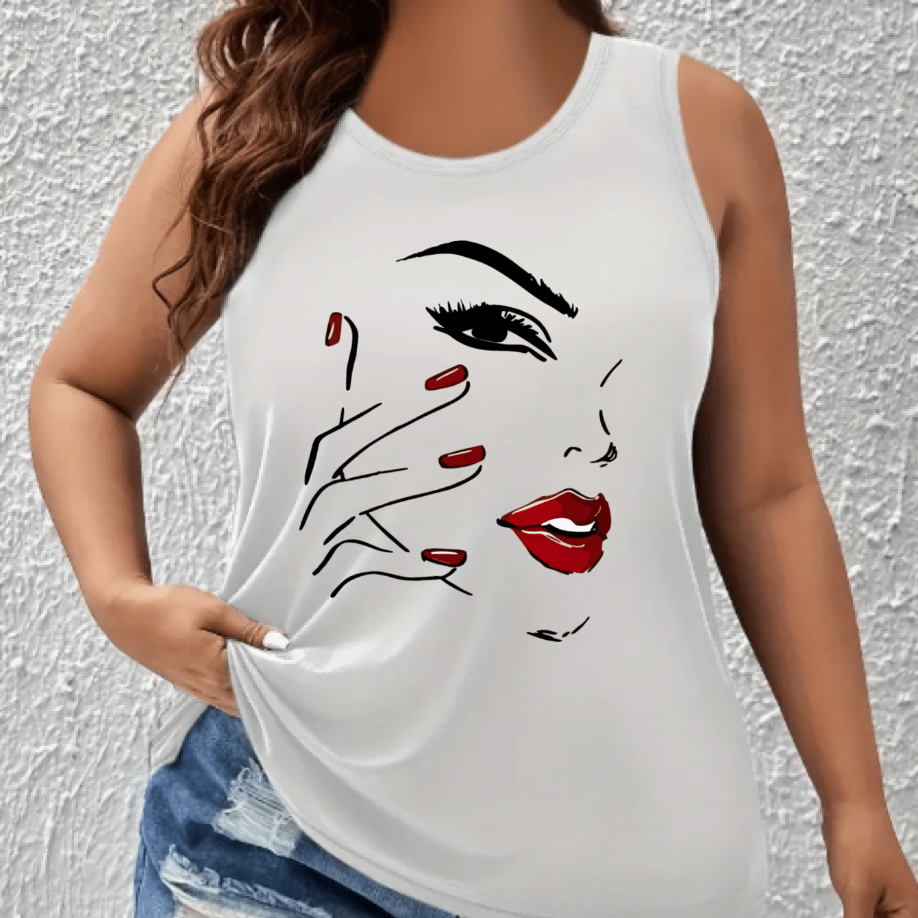 Women's Off-Shoulder Vest Top with Red Lips Print Breathable Stretchy Fabric