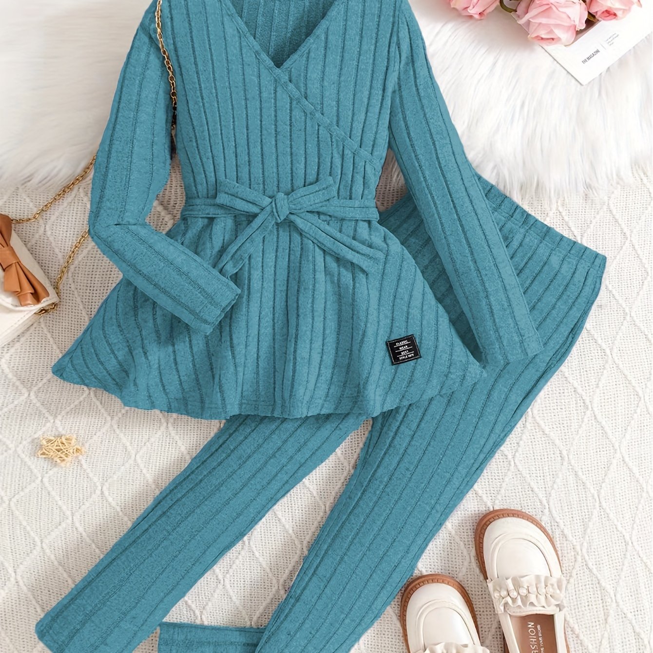 Leggings de rayas de punto de costilla ajustado para niñas primavera verano, con estiramiento medio y amigables con la piel