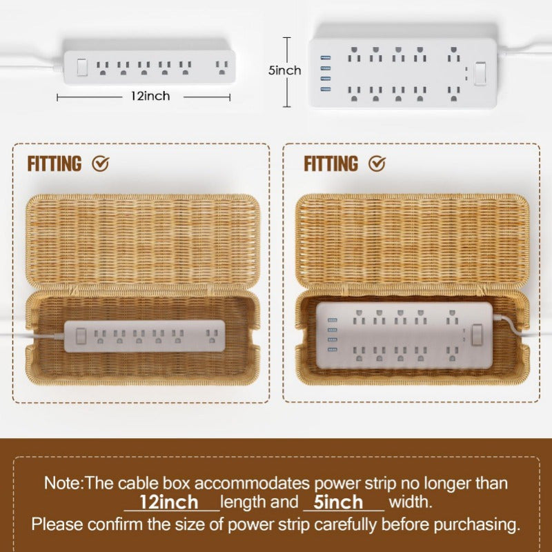 Hand-Woven Imitation Rattan Cable Management Box with Cover for Desk Organizer
