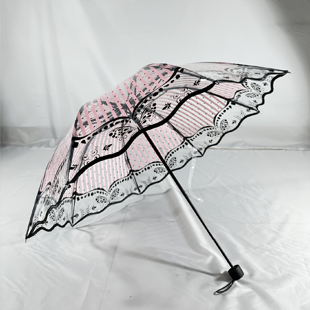 Transparent PVC Tri-Fold Butterfly Rose Umbrella with Arched Handle