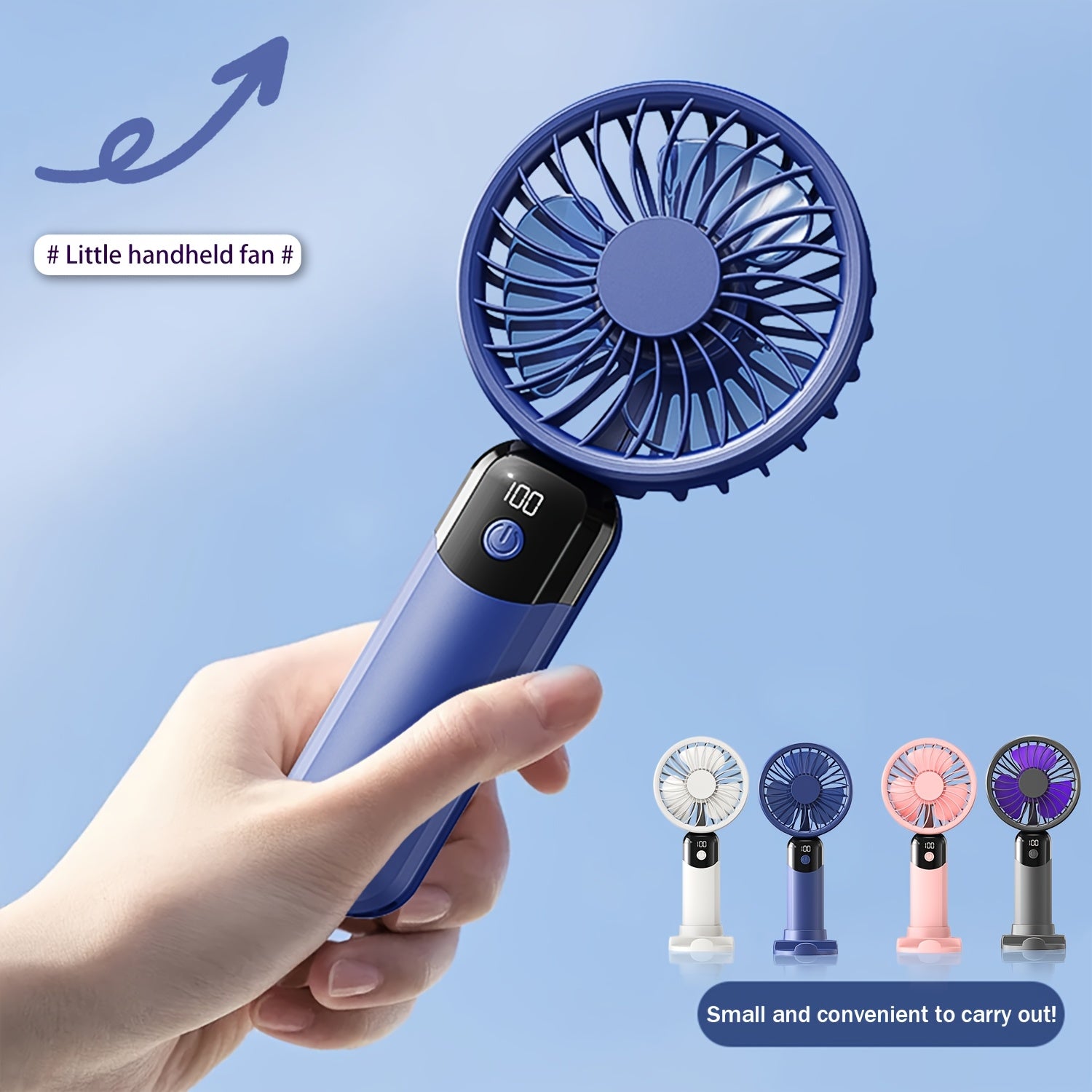 Handheld Fan with LED Display, 6 Speed Settings, Rechargeable Battery, Stable Base Stand for Phone Binge-Watching