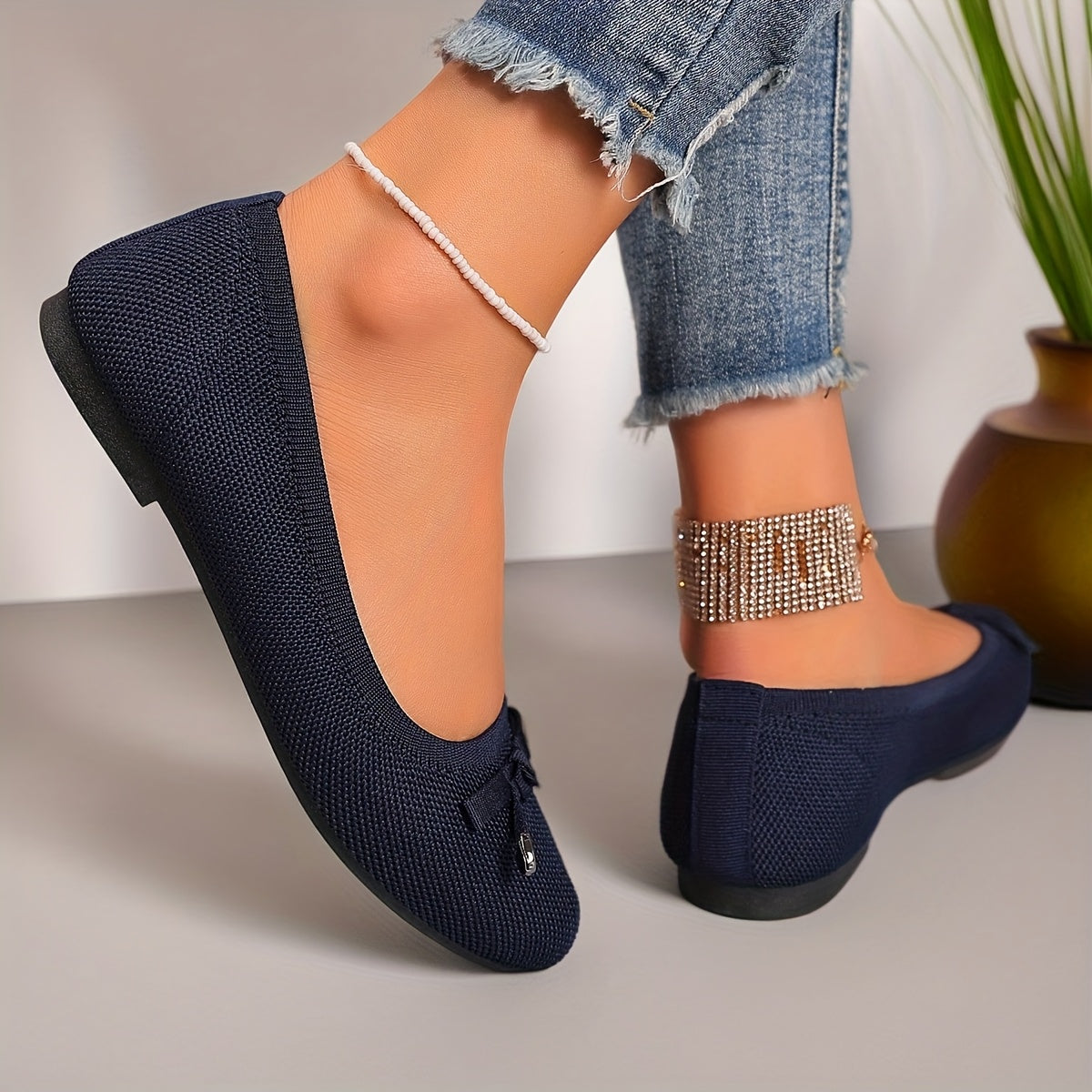 Women’s Casual Ballet Flats Soft Knit Fabric Round Toe Slip-Ons