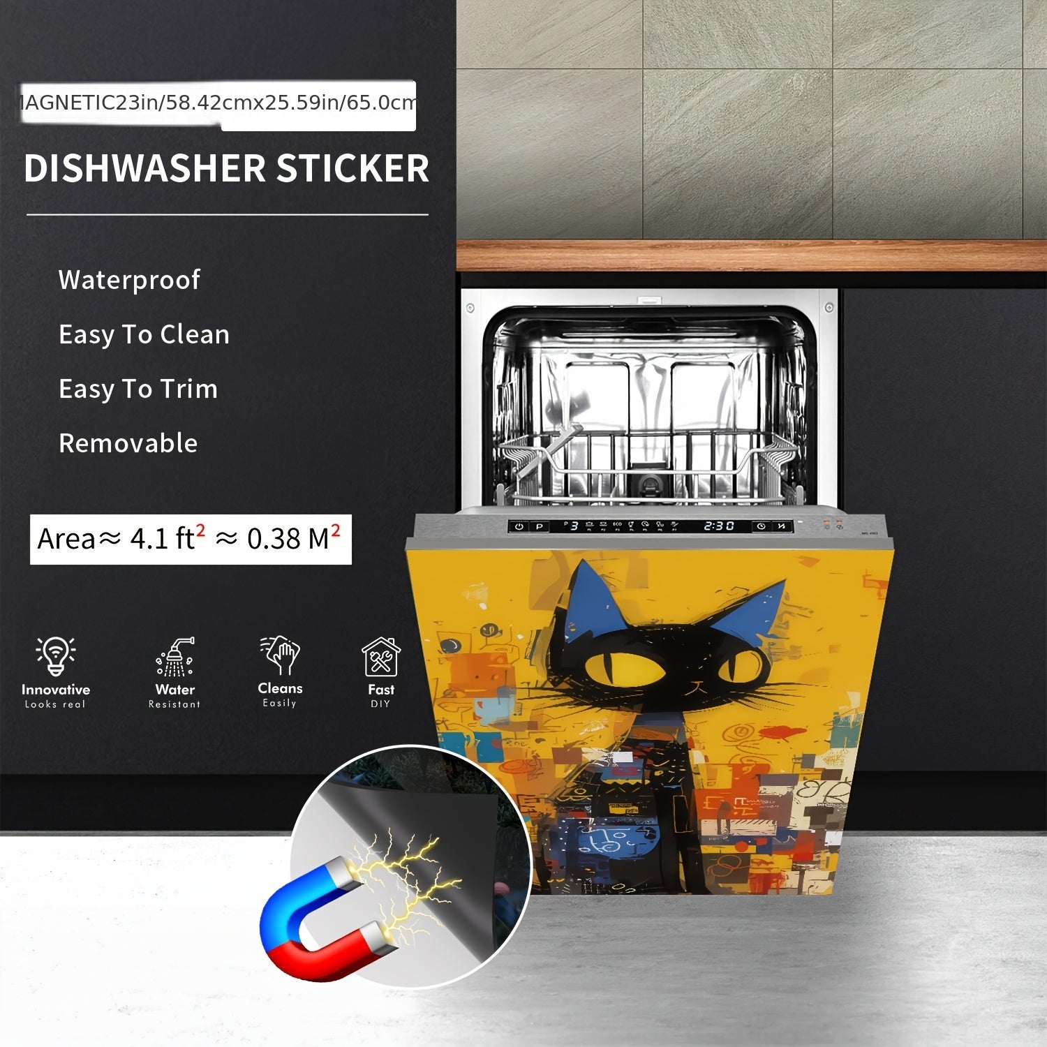 Set of 4 Black Cartoon Cat Magnetic Dishwasher Door Stickers for Easy Cleaning
