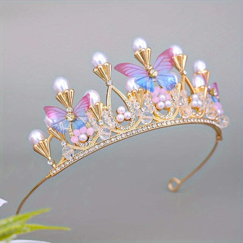 Princess Crown Tiara for Women with Pearls and Butterfly Accents, Alloy Headwear for Birthday