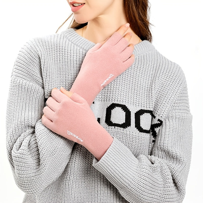 Long Velvet Fingerless Gloves Windproof Warm Touch Screen Compatible