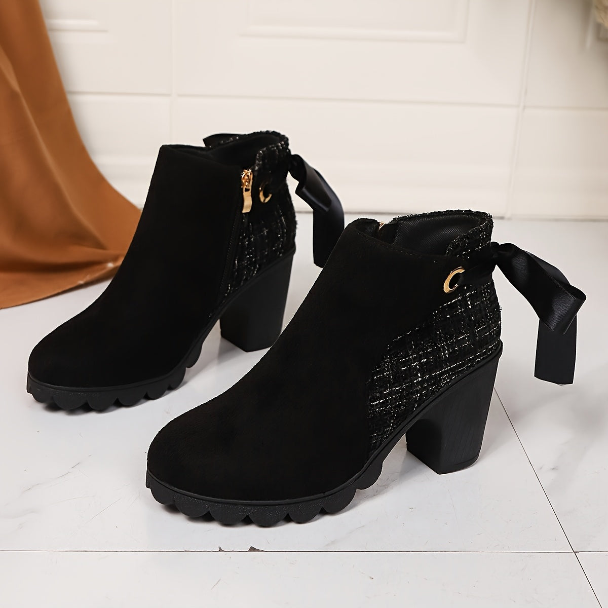 Women's Black Block Heel Ankle Boots with Round Toe and Zipper
